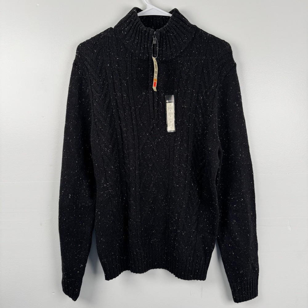 Haggar Sweater Mens Small Black 1/4 Zip Cable Knit Pullover Lambswool Blend New